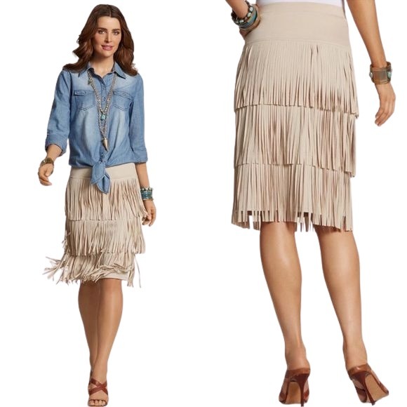 Chico's Fringe Skirt 3 1X Beige Khaki Boho Western Cowgirl Festival Stretch - Picture 1 of 16